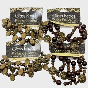Lot Glass Beads Brown Bronze Leaves Fleur De Lis Metallic Jewelry Craft Antiqued